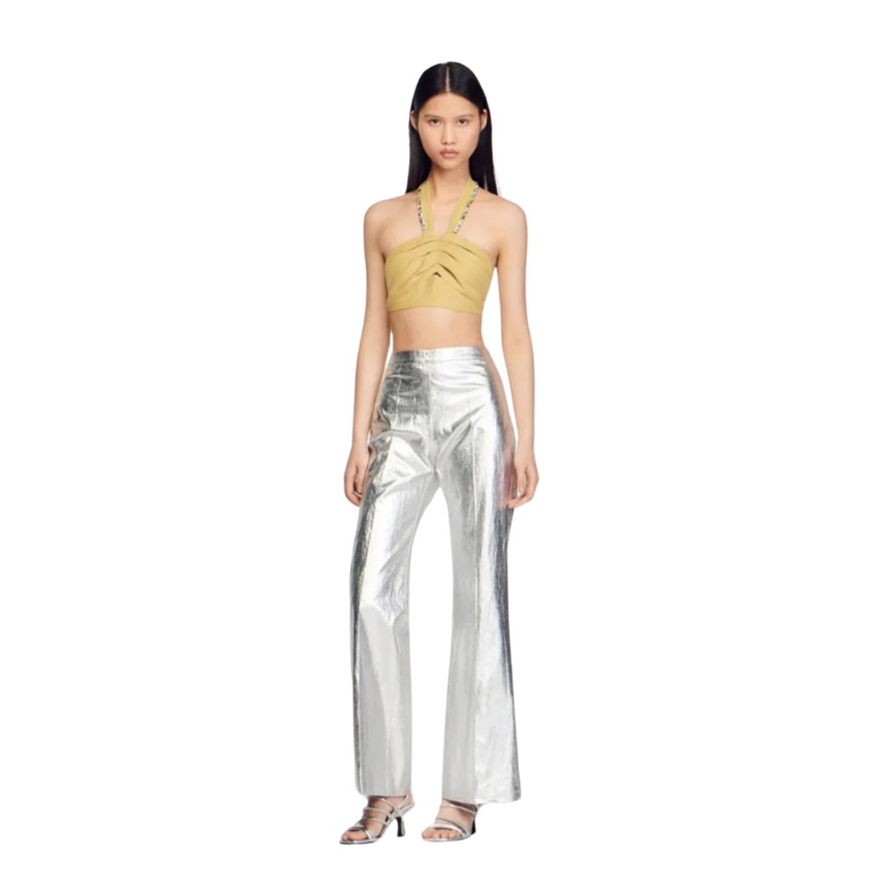 SANDRO
Cropped crystal-embellished woven halterneck top  ✨🫶✨